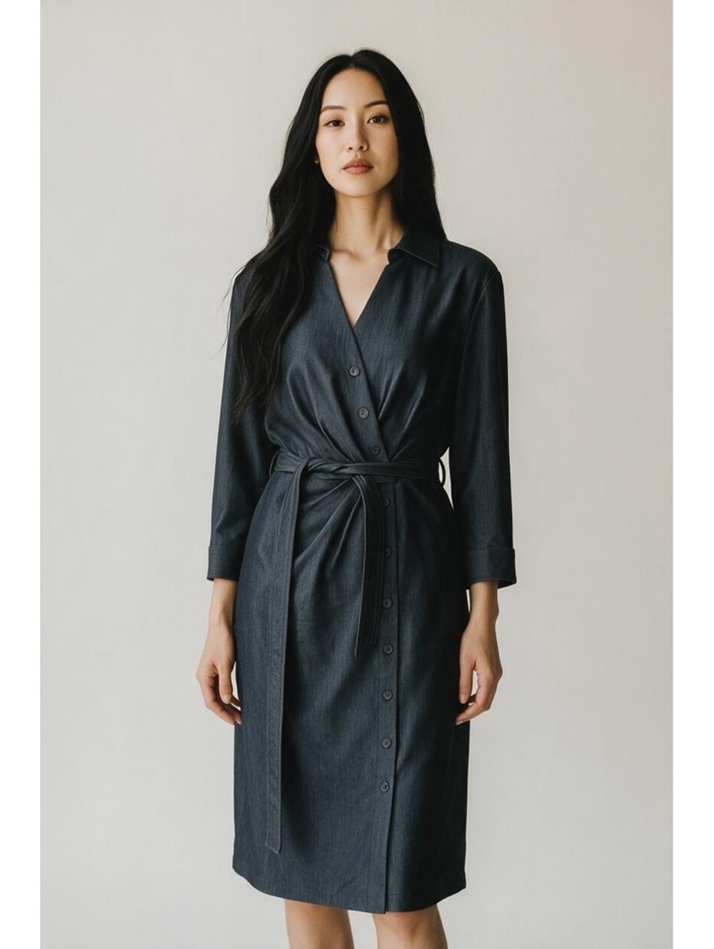 Calvin Klein Women's Dark Gray Button-Front Shirt Dress with Belt, Size 8